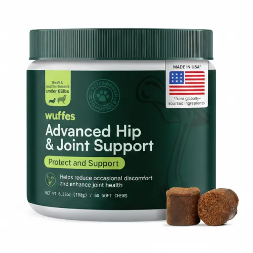 Wuffes Advanced Dog Hip and Joint Supplement with Glucosamine, Chondroitin, Omega 3, MSM, and Green Lipped Mussel, 60 Pork Flavored Chews for Small and Medium Dog Breeds - Product Image